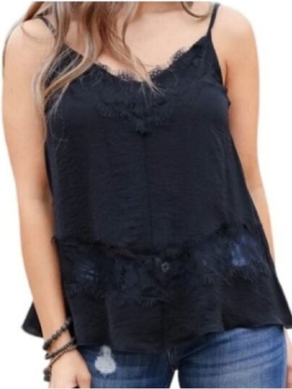 Promesa Black Micro Pleat Swiss Dot Lace Trim Overlay Camisole Tank Top Sz Large